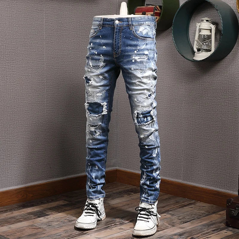 Retro Style Men's Slim Fit Jeans Distressed Hole Design Elastic Casual Long Pants Youth Trendy Street Style Straight Leg Jeans