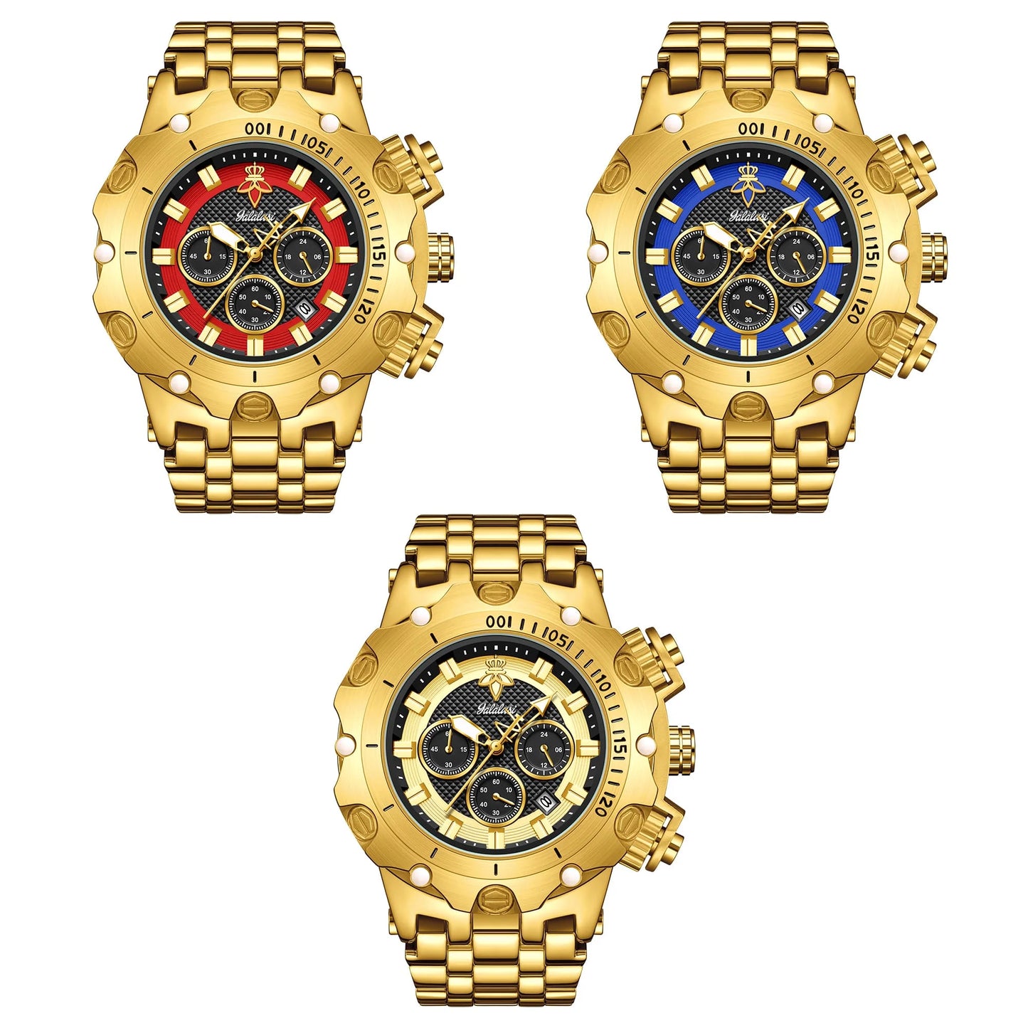 YaLaLuSi Men's Multifunctional Luxury Watch, Gold Strap with Atmospheric Dial, Fashionable and Practical Gift box