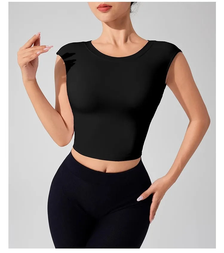 Women's Backless Fitness Clothes with Fixed Chest Pad Beautiful Top Short Sleeve Dance Sport  T-Shirt Yoga Wear