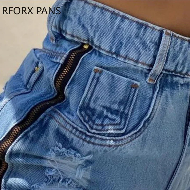 Frauen Chic Casual Solide Zipper Dekoration Ripped Quasten Hohe Wasit Frauen Denim Shorts