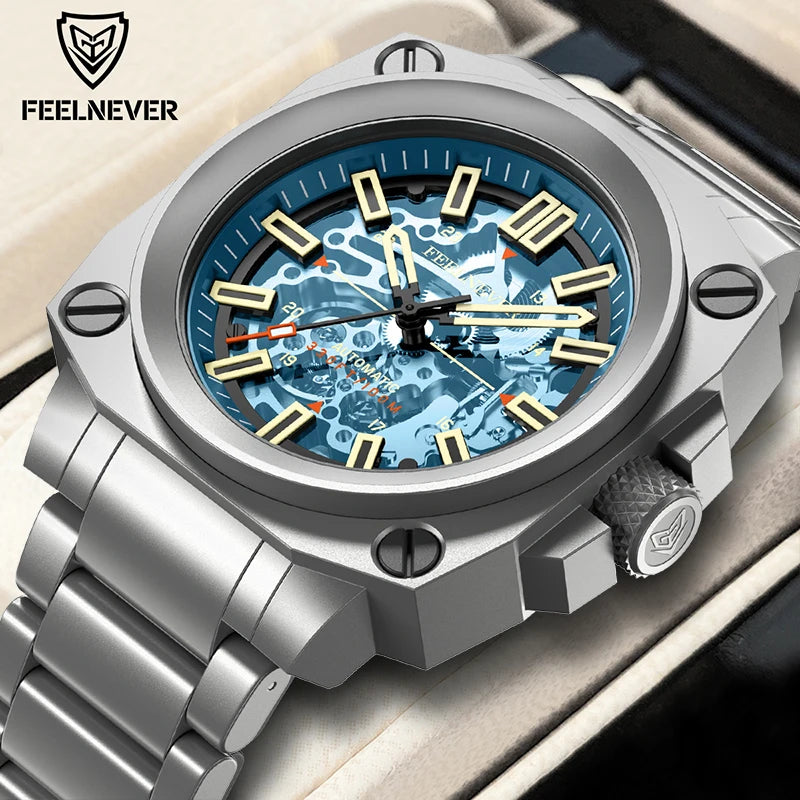 FeelNever Kreative Herrenuhr mit Automatikwerk, ausgehöhlt, modisch, lässig, sportlich, Militär, Leder, wasserdicht, mechanische Uhr + Box
