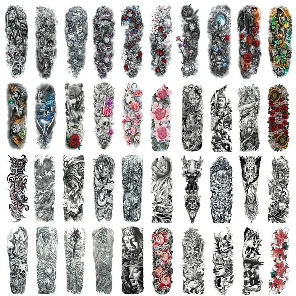Waterproof Temporary Tattoo Sticker Full Arm Large Skull Old School Tatoo Stickers Flash Fake Tattoos for Men Women