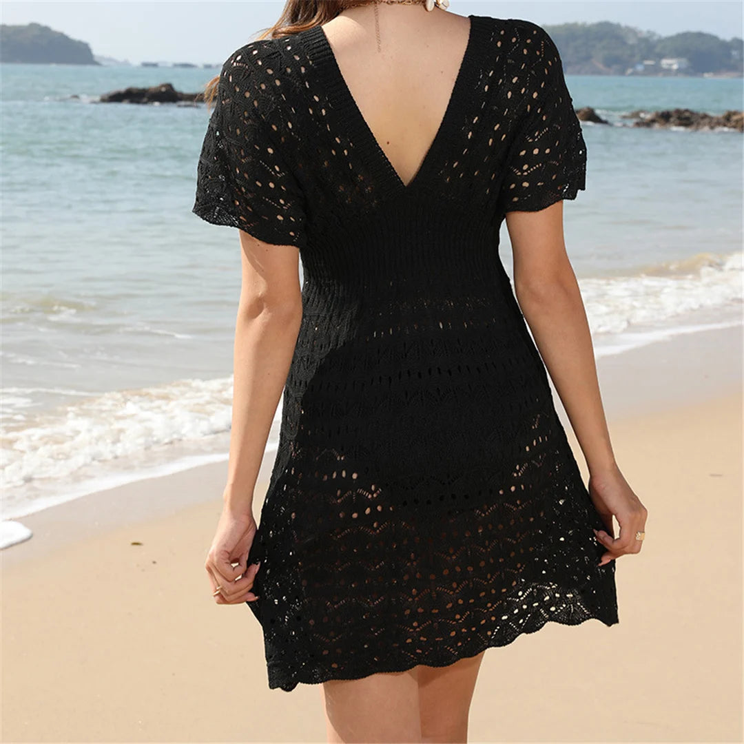 S - XL Short Sleeve V Neck Crochet Knitted Mini Dress Tunic Beach Cover Up Beach Dress Beach Wear Beachwear Female Women