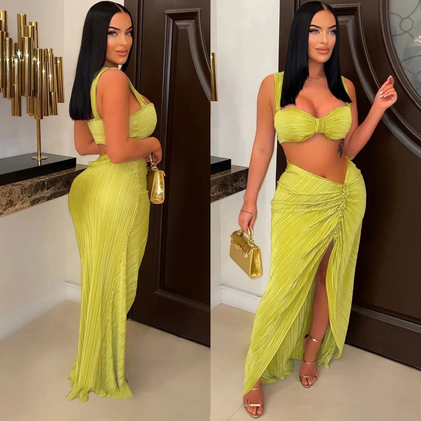 Beach Pleated Women 2 Piece Set Outfits  Summer Crop Top and Midi Ruffles Draped High Side Split Maxi Long Skirt Set
