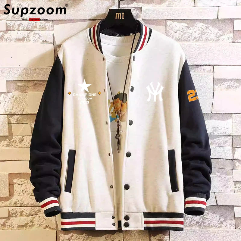 Supzoom New Arrival Letter Rib Sleeve Cotton Top Fashion Logo Single Breasted Casual Bomber Baseball Jacket Loose Cardigan Coat