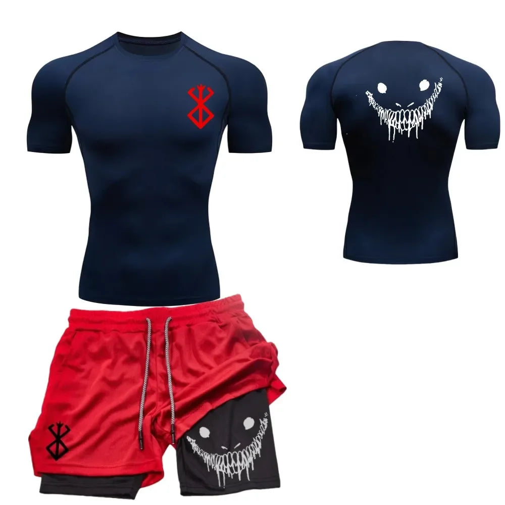 Men's fashionable casual fitness set, gym quick drying sportswear, shorts+shirt, 2-piece set, running, training, summer