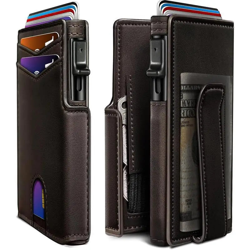 OUIO New Black Leather Wallet For Men Slim Bifold RFID Blocking Wallet With Pop-Up Metal Card Holder Card Sleeves POP UP Wallet