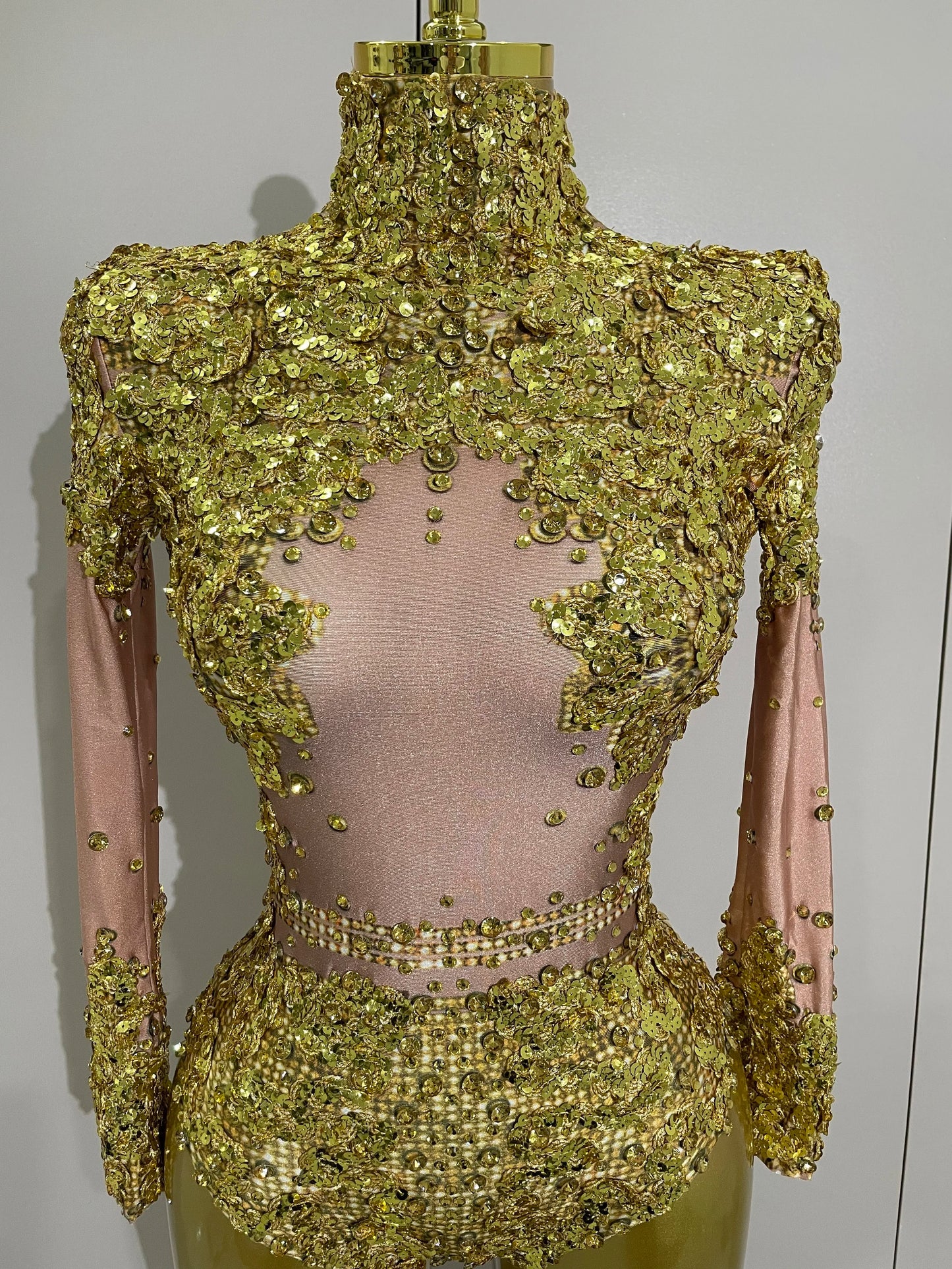 STOCK Sparkly Gold Silver Rhinestone Sequin Stretch Bodysuits Women Birthday Party Nightclub Dancer Stage Performance Costume