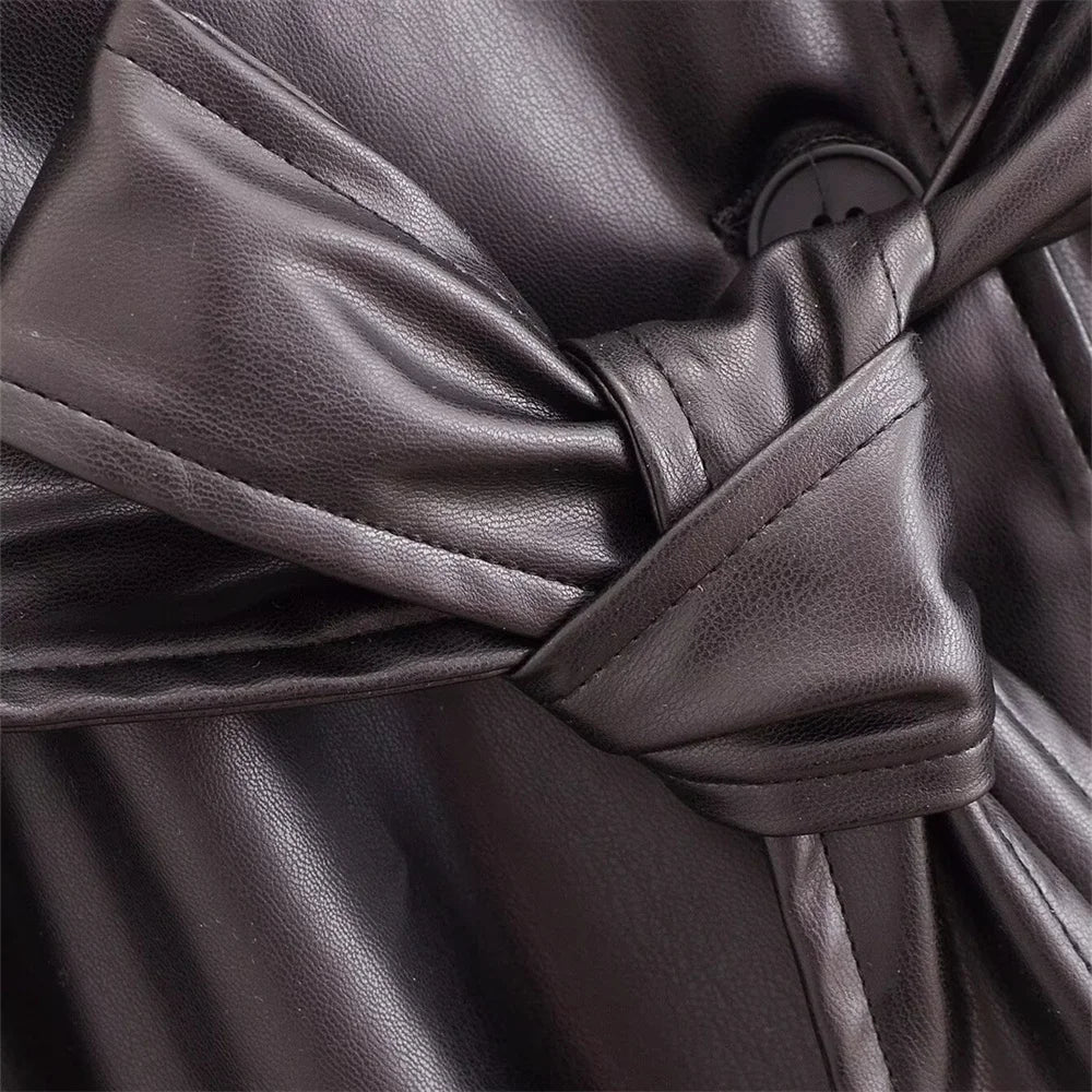 autumn new European and American style commuting lapel with belt faux leather loose long windbreaker jacket