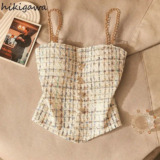 Ropa Mujer Summer Tanks for Women's Sweet Plaid Tunic Sleeveless Camis Crop Tops Chic Chian Backless Single Breasted Vest