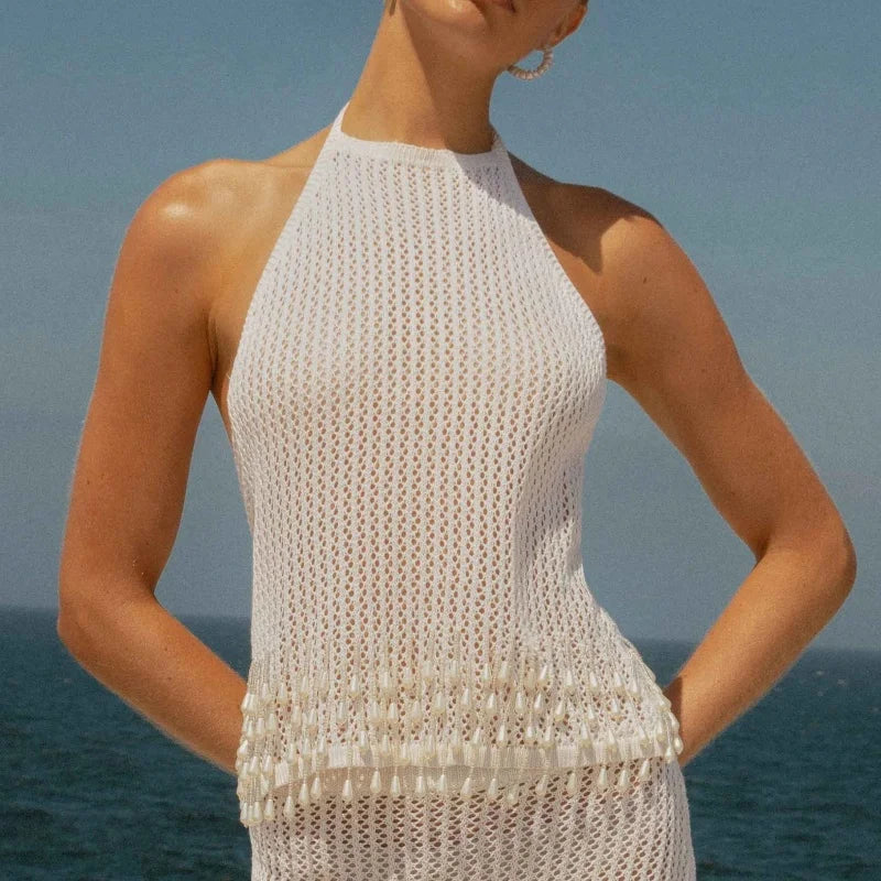 Women Crochet Knitted Crop Tops Pearl Patchwork Halter Tank Tops Sexy Y2K Backless Hollow Out Cover Up Vacation Beachwear
