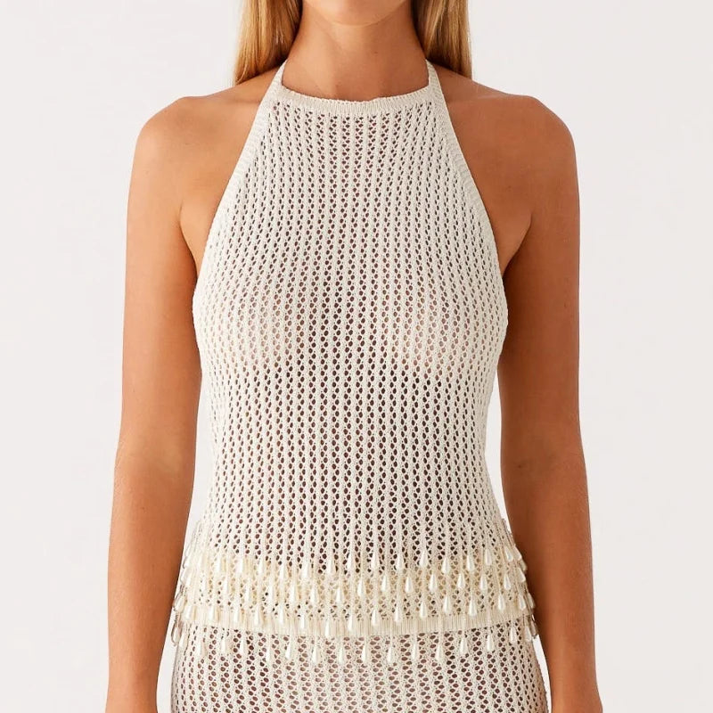 Women Crochet Knitted Crop Tops Pearl Patchwork Halter Tank Tops Sexy Y2K Backless Hollow Out Cover Up Vacation Beachwear