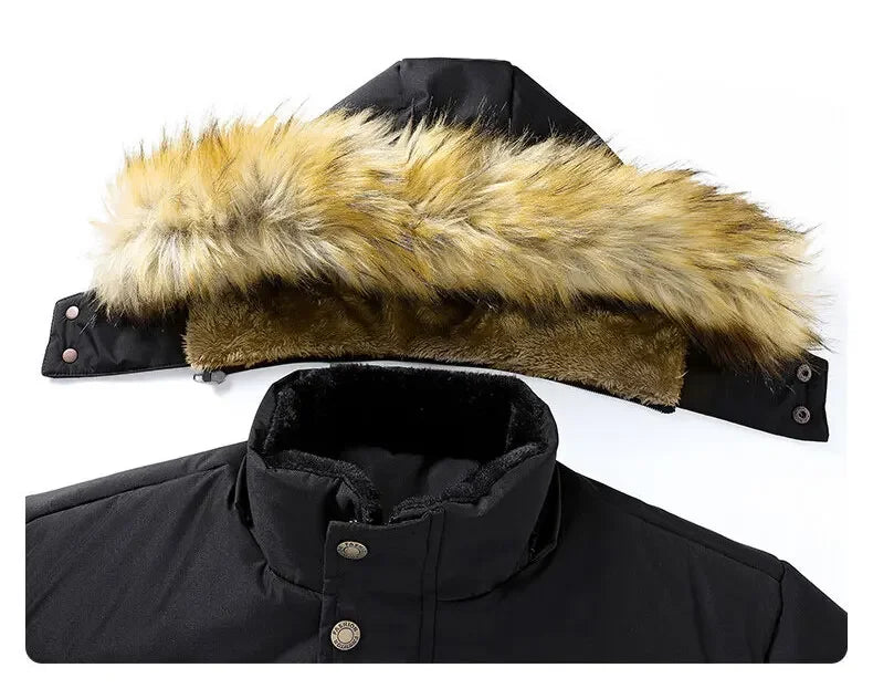 2024 neue Männer Winter Herbst Arbeit Outwearing Parka Schwarz Fleece Gefüttert Dicke Warme Mit Kapuze Pelz Kragen Mantel Männlichen Größe 5XL Plüsch jacke