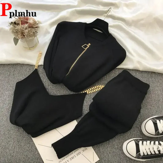 Womens Knit 3 Piece Sets V Neck Spaghetti Tops + Loose Cardigan Coats Suit + Knitwear Jogger Pants Fall Winter Casual Conjuntos