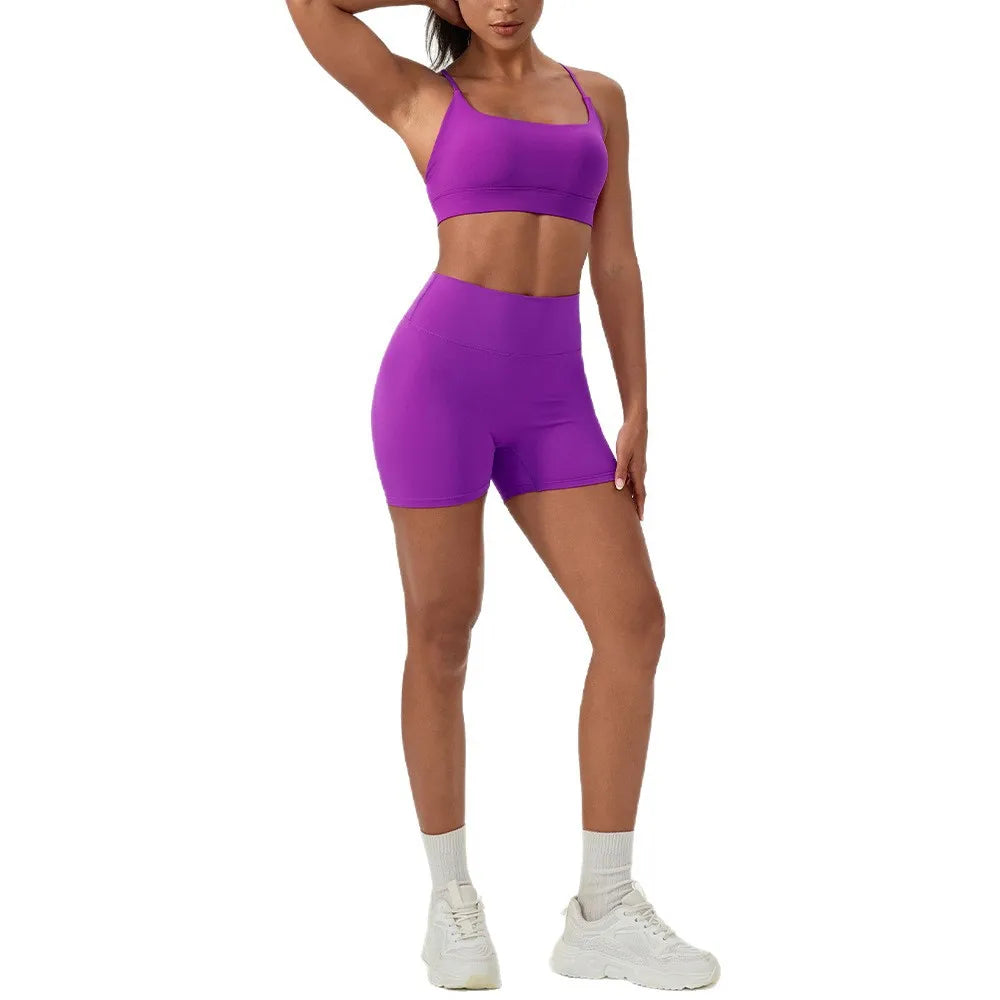 Yoga suit set, sexy back, sports bra, high waist, hip lifting, tight shorts, running and fitness two-piece set Women' Yoga sets