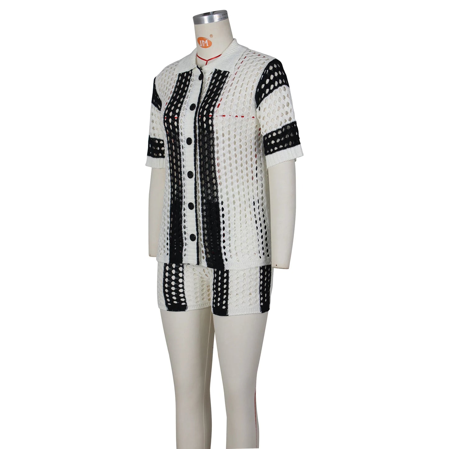 Women's Two Pieces Set Knit Ribbed Crochet Patchwork Outfits Short Sleeve Shirt Sweater Short Suit  Two Set Outfit Tracksuit