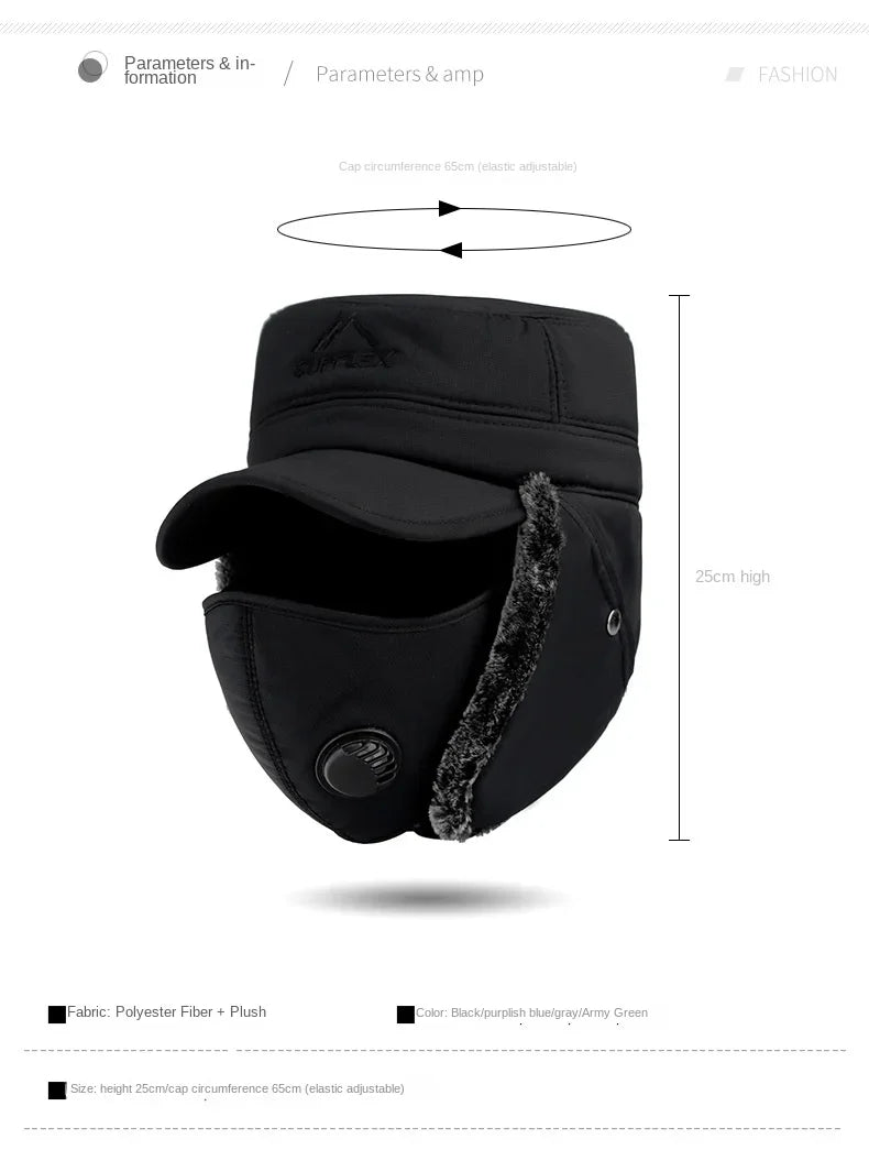 Fashion New Winter Bomber Hats Men's Northeast Mask Ushanka Lei Feng Hat Outdoor Windproof Keep Warm Thick Earmuffs Flat-Top Cap