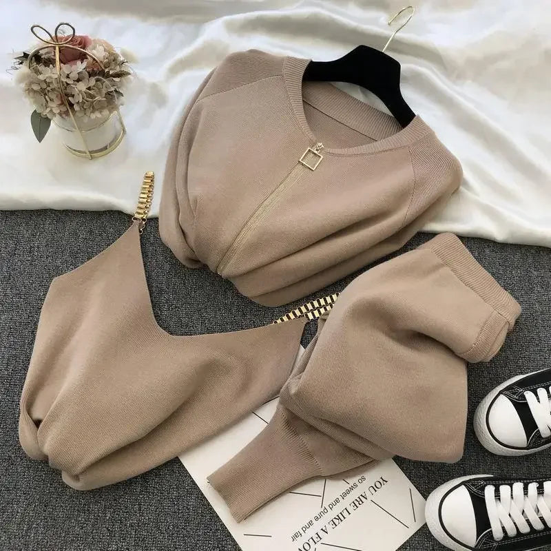 Womens Knit 3 Piece Sets V Neck Spaghetti Tops + Loose Cardigan Coats Suit + Knitwear Jogger Pants Fall Winter Casual Conjuntos