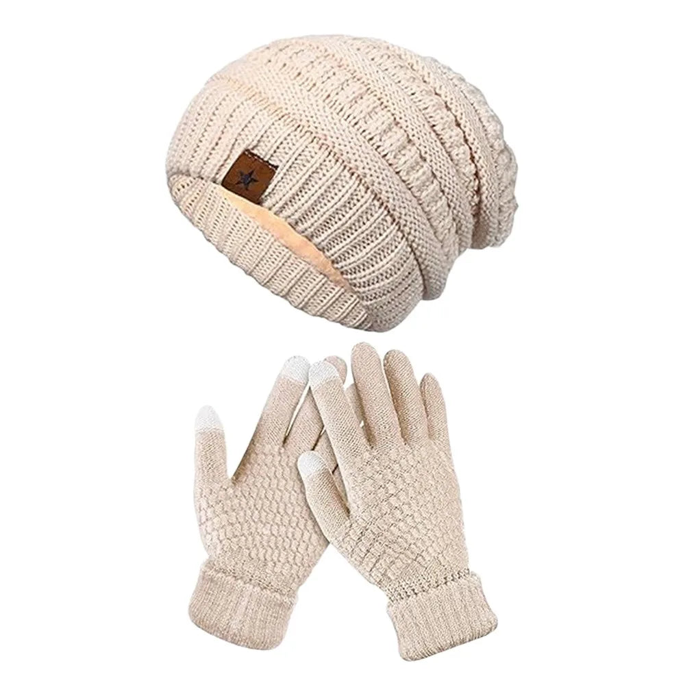 2PCS/Set Gift Warm Women Hats Gloves Set Soft Ear Protection Winter Warm Mitten Windproof Plush Beanie Cap for Men Women
