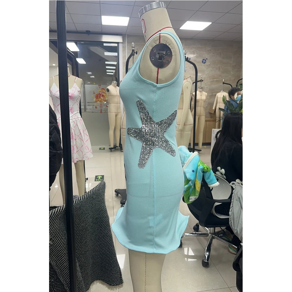 Women Boho y2k Coquette Mini Bodycon Dress Sexy Slim Starfish Sequins Embroidery Ruffles Sleeveless Knitted Club Party Dress