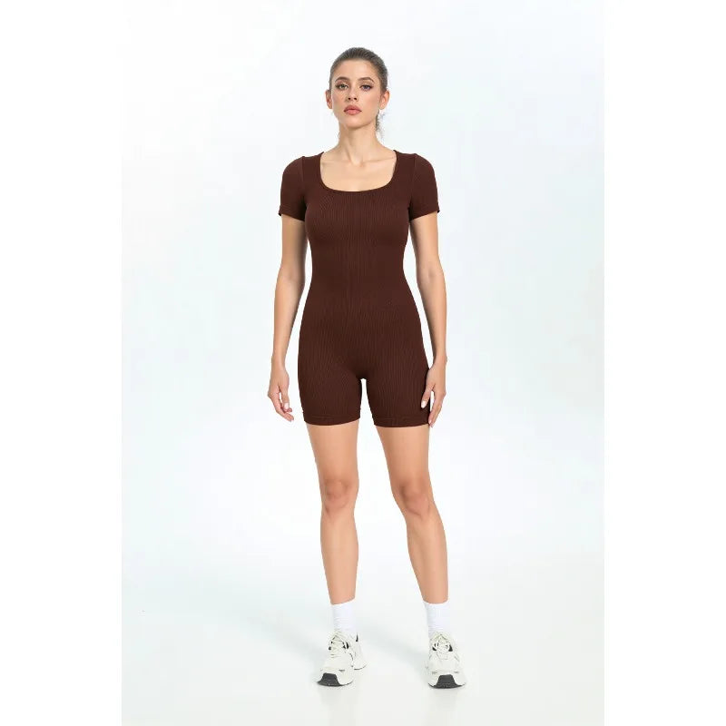 Seamless Ribbed Short Sleeve Bodysuit Women Yoga Outfit Tummy Control Sportswear for Running Workout Gym Fitness Clothes