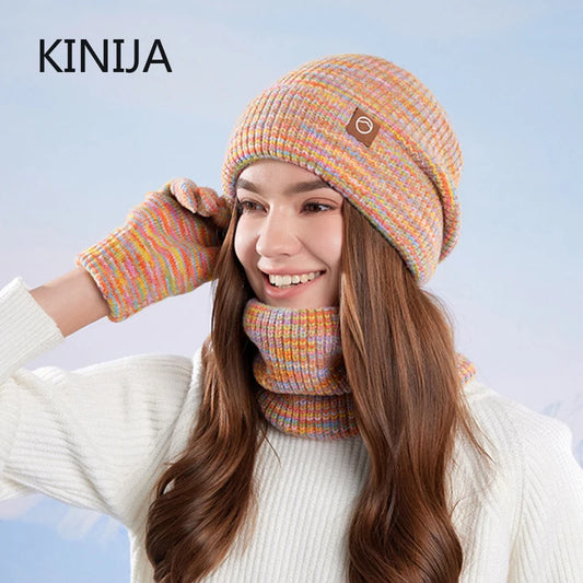 Women's Knitted Hat Beanie Cap Winter Coldproof Hat Scarf Gloves Sets Outdoor Warm Windproof Hat Fit Skiing Cycling Sets