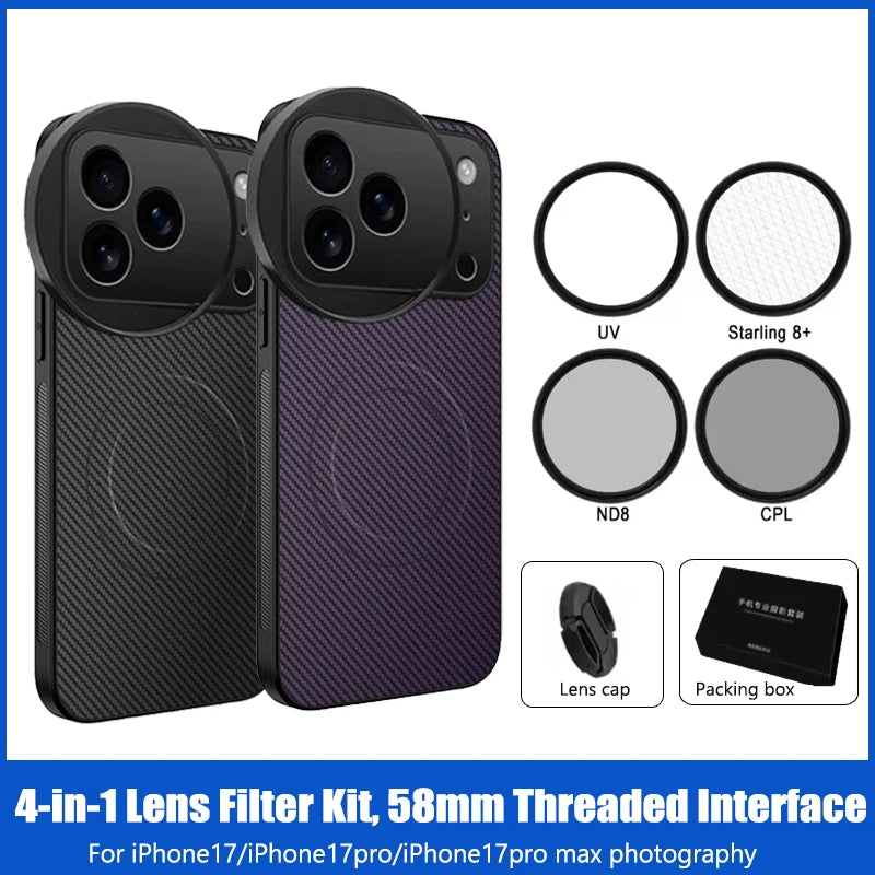 4 in 1 58mm Filter Set for iPhone 17 Pro/Pro Max With Universal CPL UV ND8 Starling Filter Magnetic Wireless Charging Phone Case