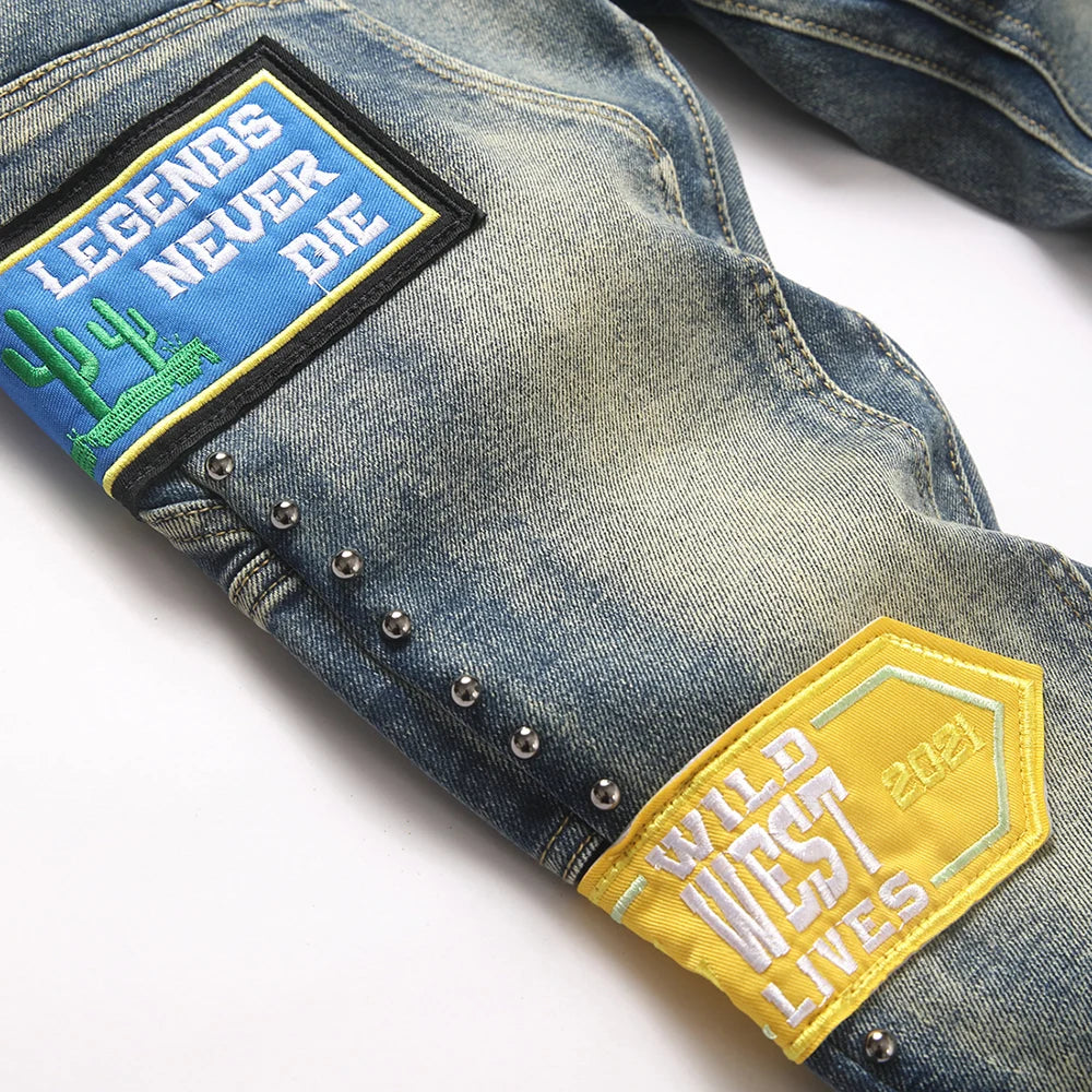 Men's Badge Patch Boot Cut Jeans Rivet Vintage Retro Blue Stretch Denim Pants Streetwear Slim Flared Trousers