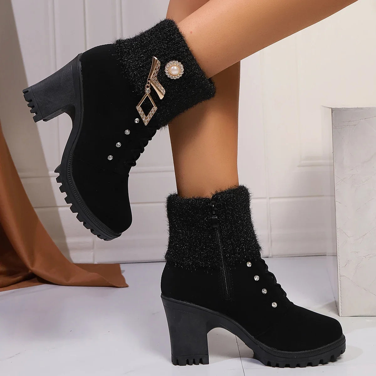 Thick Heel Large Size Fashion Boots Zipper Rhinestone Wool Top Plus Velvet Women's Boots New Autumn/winter High Heel Snow Boots