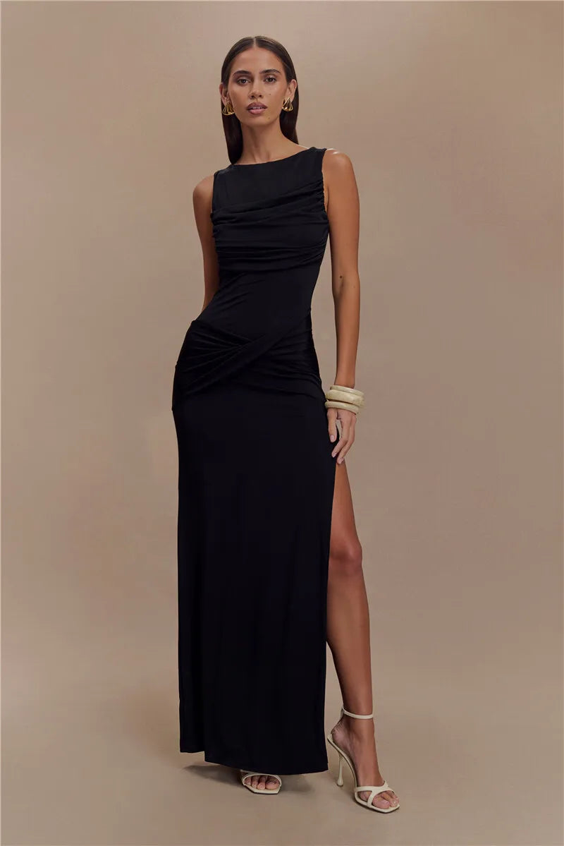 Backless Ruched Sexy Maxi Dress Women Summer O Neck High Split Bodycon Elegant Long Dress Fashion Gown Sleeveless Dresses 2025