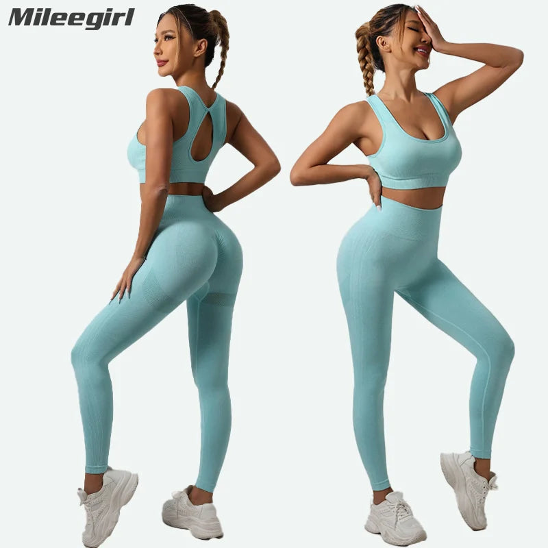 Mileegirl Yoga-BH-Set mit Hohlrücken für Damen, 2-teiliges nahtloses Sporthosen-Set, Leggings mit hoher Taille für Fitness und Fitnessstudio