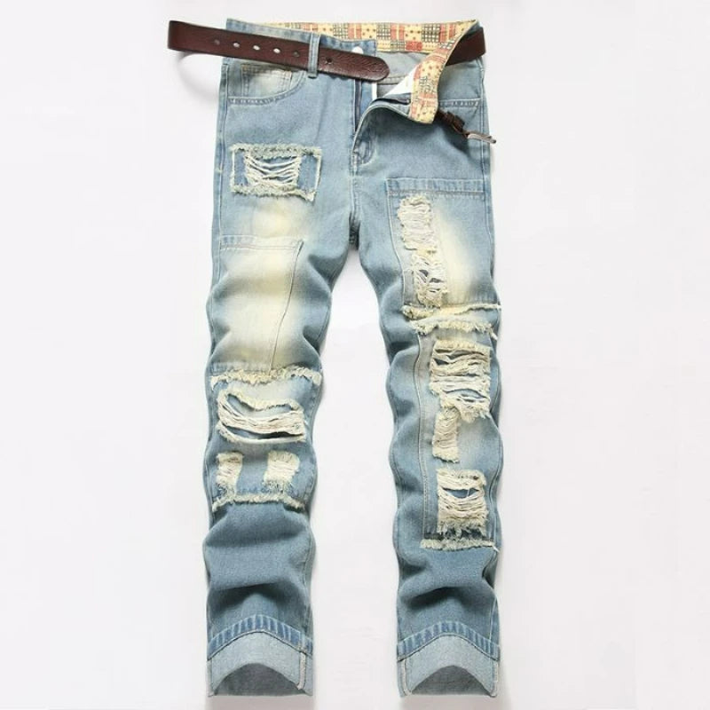 Autumn Men's New Light Blue Slim Fit Jeans Men's Ripped Loose Jeans Elastic Hole Versatile High Street Denim Pants Retro Washed