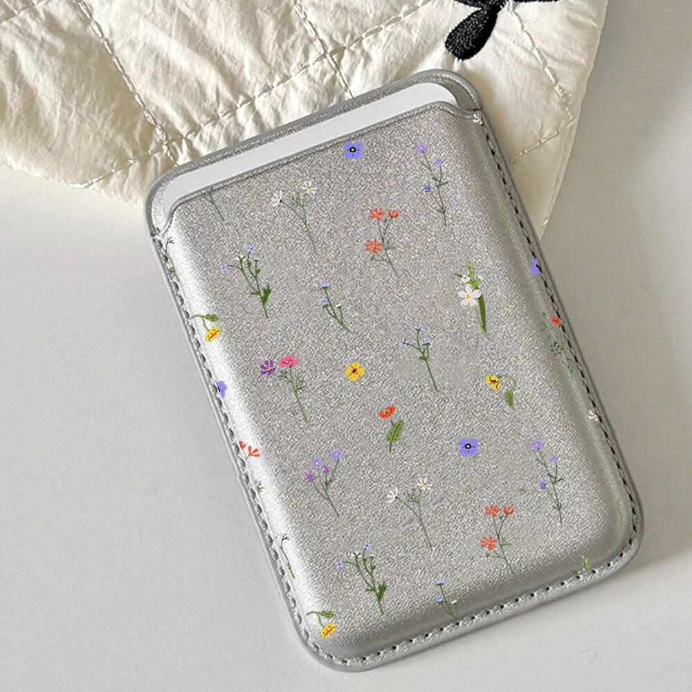 Leather Card Wallet Cover Magnetic Phone Card HolderPhone Back Bag Cute Flowers Case Suitable For all iPhone For Magsafe Card