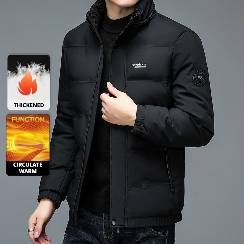 Men's Quilted Winter Windbreaker Parka Jacket with Thickened Lining – Hooded Standing Collar Coat for Middle-Aged Warmth
