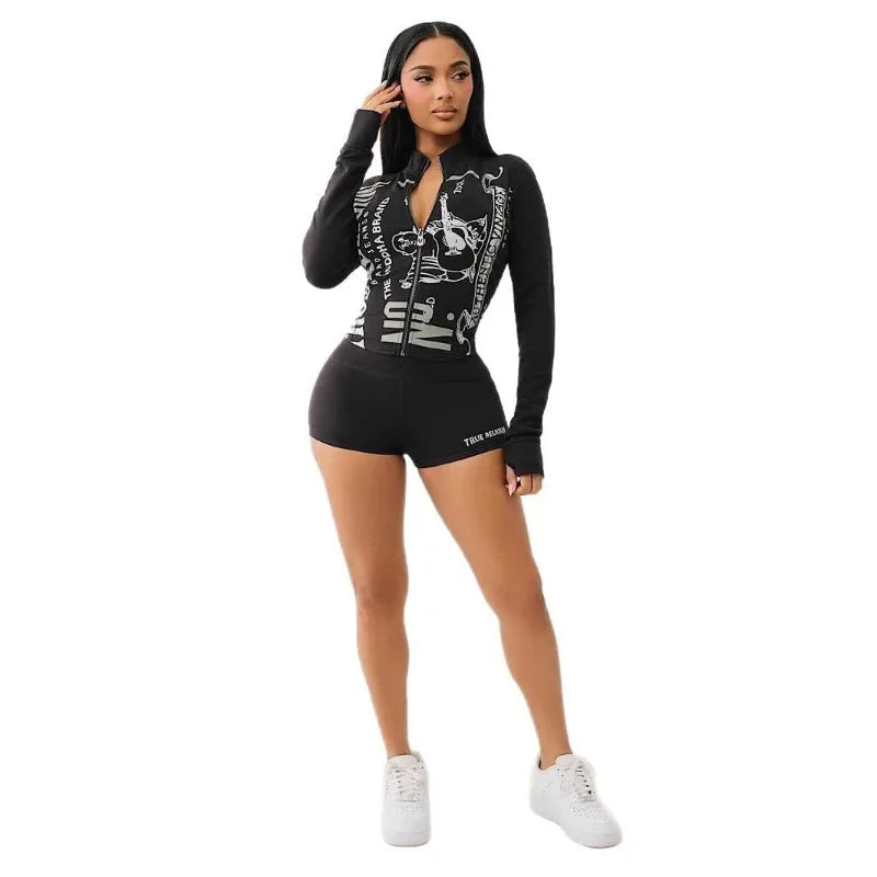 Fitness Women 2 Piece Set Zipper Fly Sweatshirt Skinny Biker Shorts Matching Set 2025 Summer Streetwear Sporty Workout Tracksuit