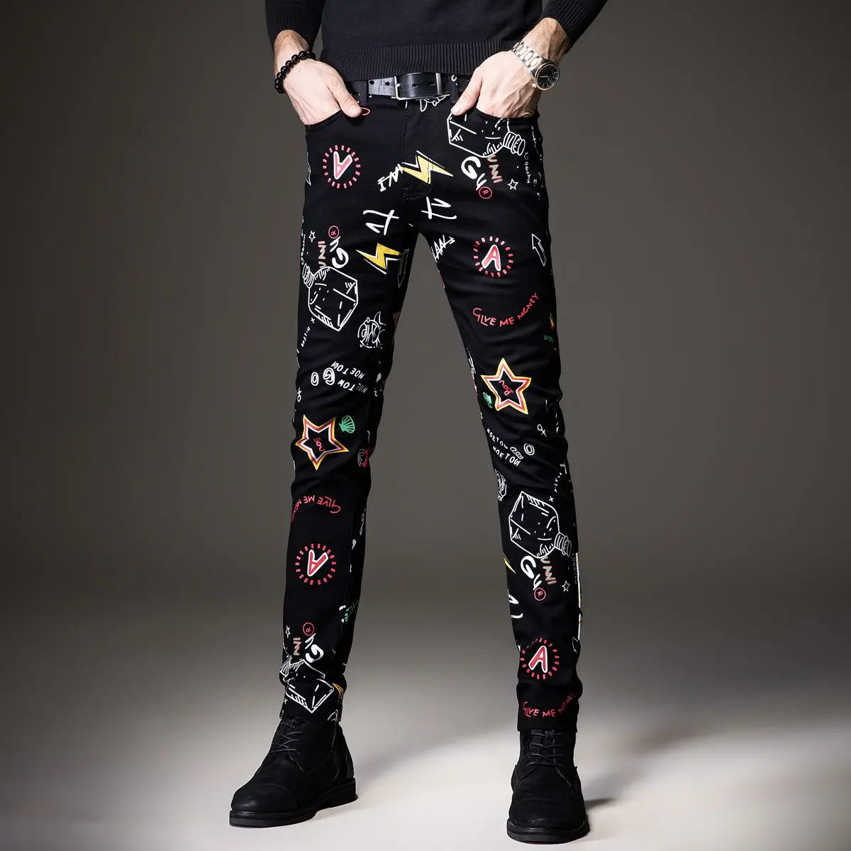 Luxuriöse Jeanshose für Herren, Hip-Hop-Jeans mit Graffiti-Print, Designer-Jeans in Slim Fit, trendige schwarze Jeans, Stretch-Cowboy-Baumwollhose für Männer