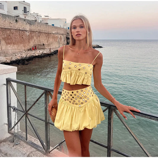 VEITCHE Women Metal Hollow Pleated Suspender Skirt Suit Sexy Sleeveless Vest High Waist Mini Skirt Lady Vacation Dress Set