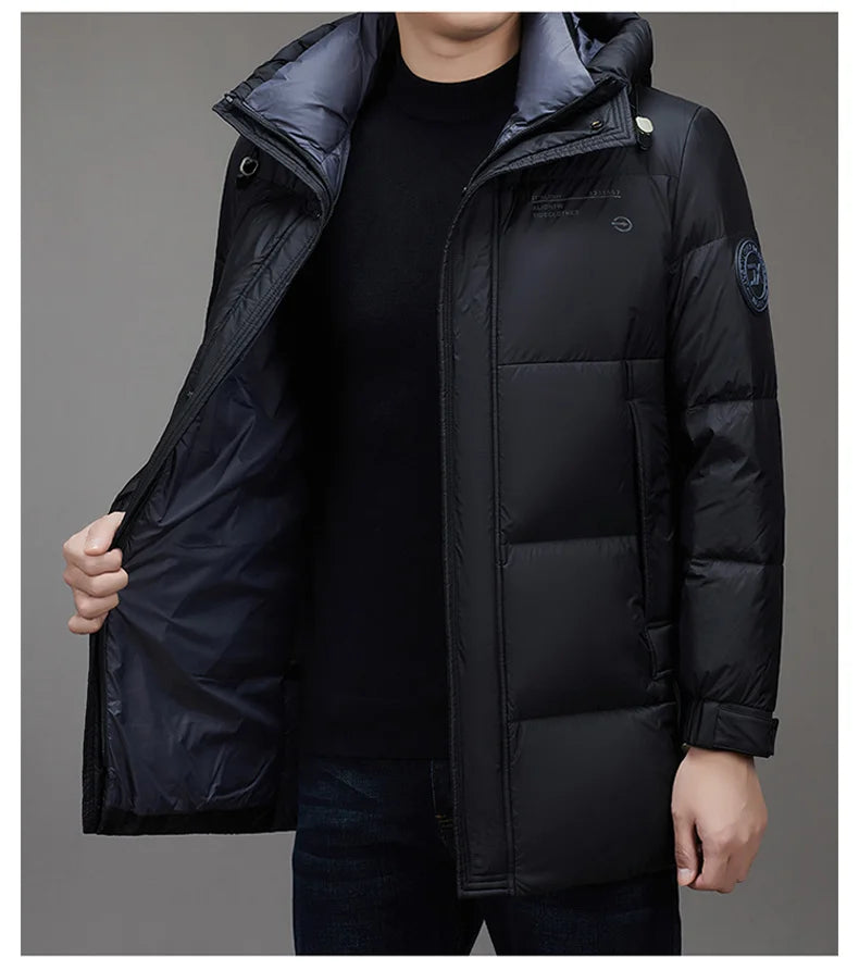 Leichte Luxus-Daunenjacke für Herren, lang, Winter 2024, trendig, 90 % weiße Entendaunen, warmer Mantel, Business-Casual-Mütze, leichte Daunenjacke