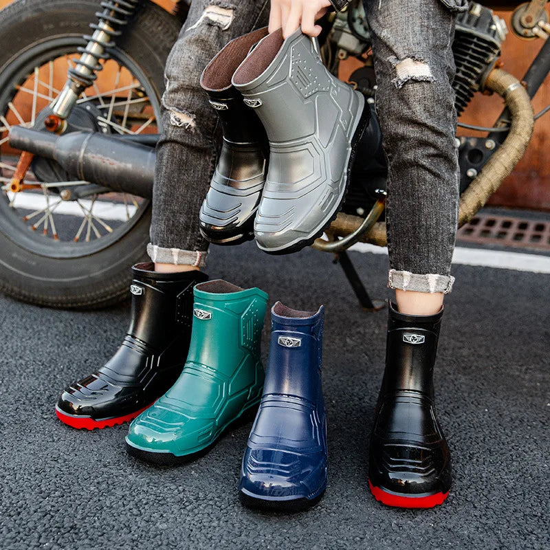 2024 Men Ankle Platform Rain Boots Spring New Fashion Nonslip Waterproof Shoes Solid Color Middle Barrel Rainboots Fishing Shoes