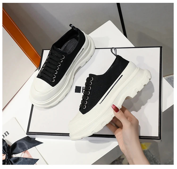 2024 Frühjahr Neue Damenschuhe Schnürschuhe Sport- und Freizeitschuhe für Herren Dicke Sohle Wasserdichte Plattform Weiche Erhöhte Leinwand Flache