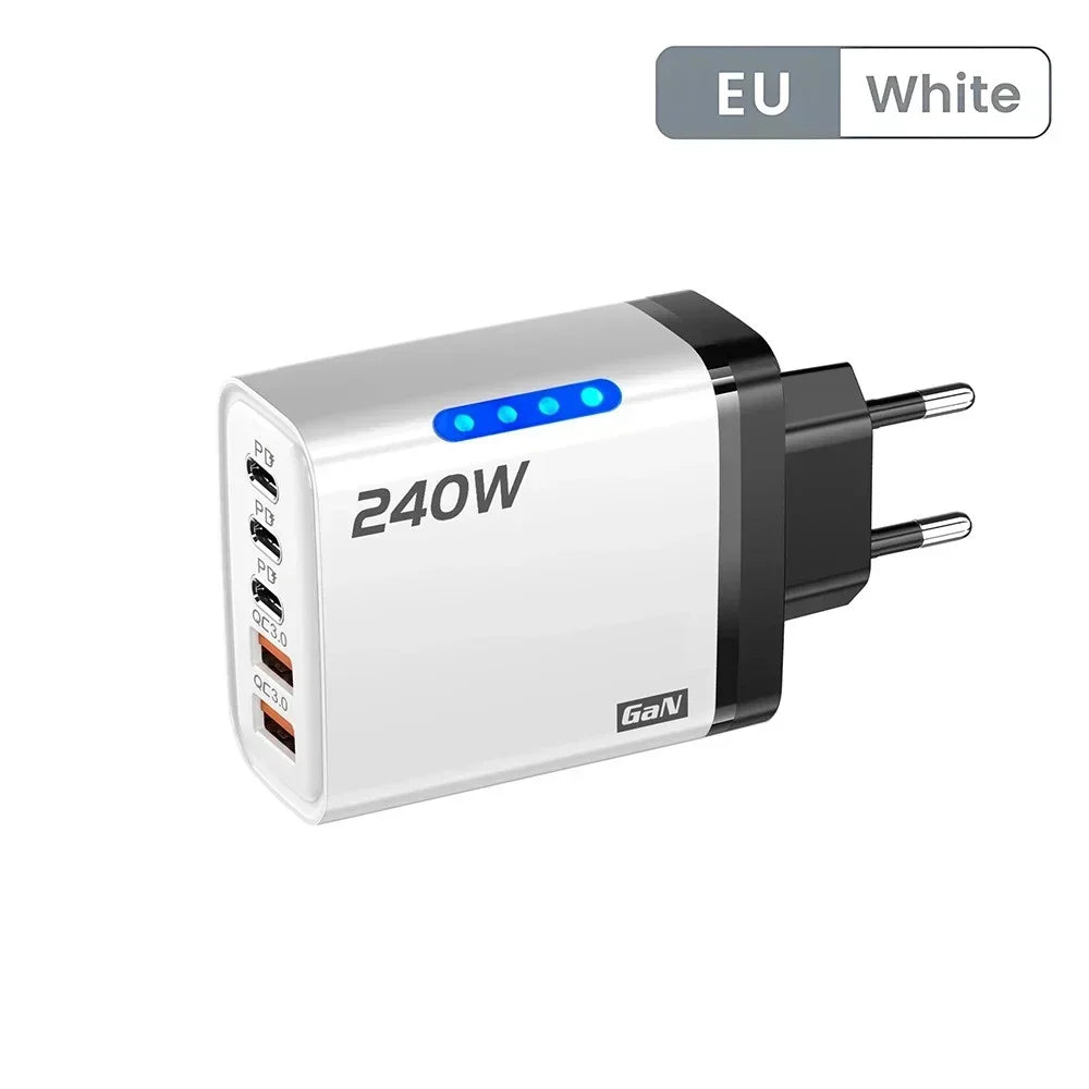 5 in 1 GaN Desktop Charger 240W Fast Charging Adapter 10A USB To Type C Cable 3PD 2 USB Charger For iPhone Samsung Xiaomi