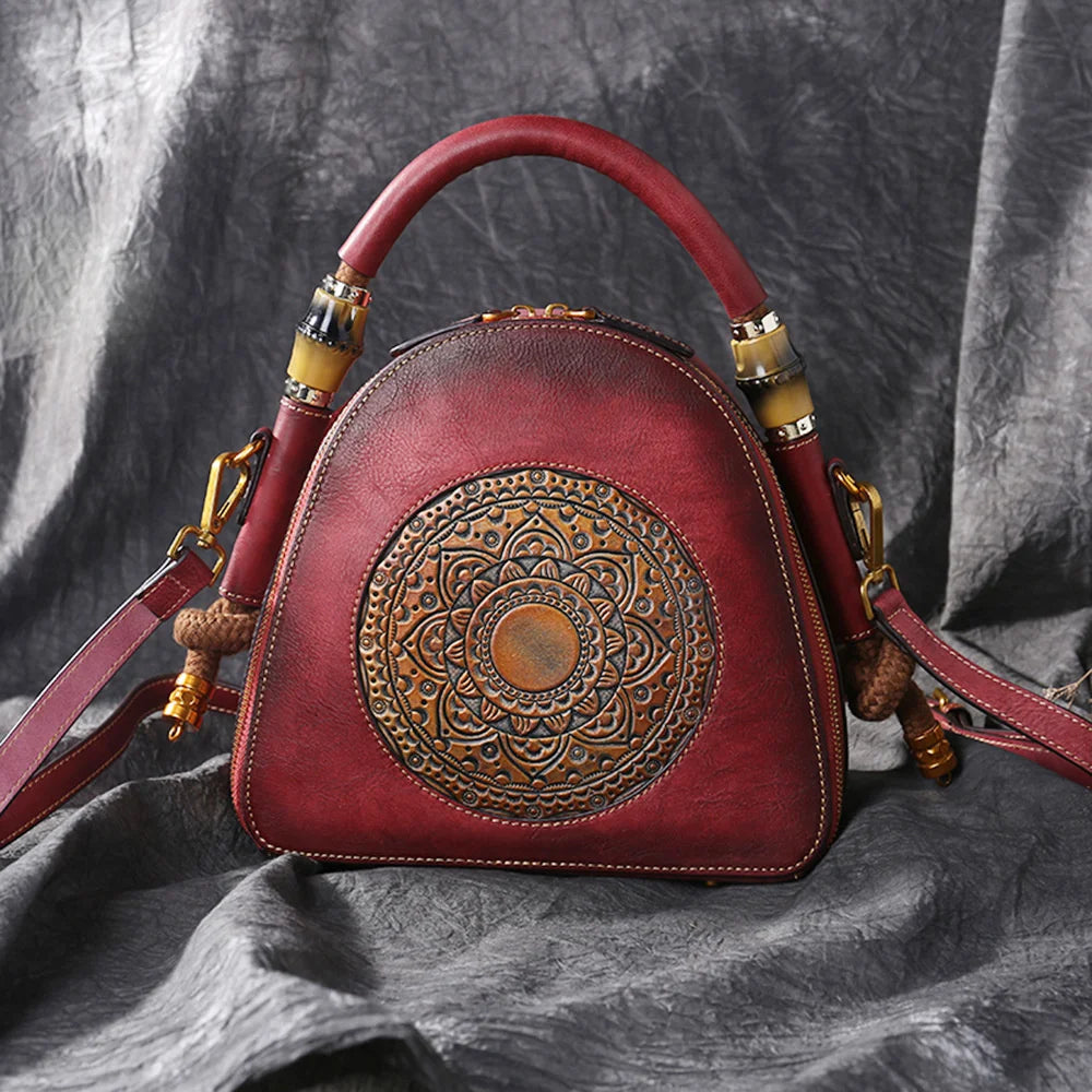 Luxury Handmade Embossed Women Crossbody Bag New Retro Genuine Leather Shell Bag Ladies Chinese Style Shoulder Bags