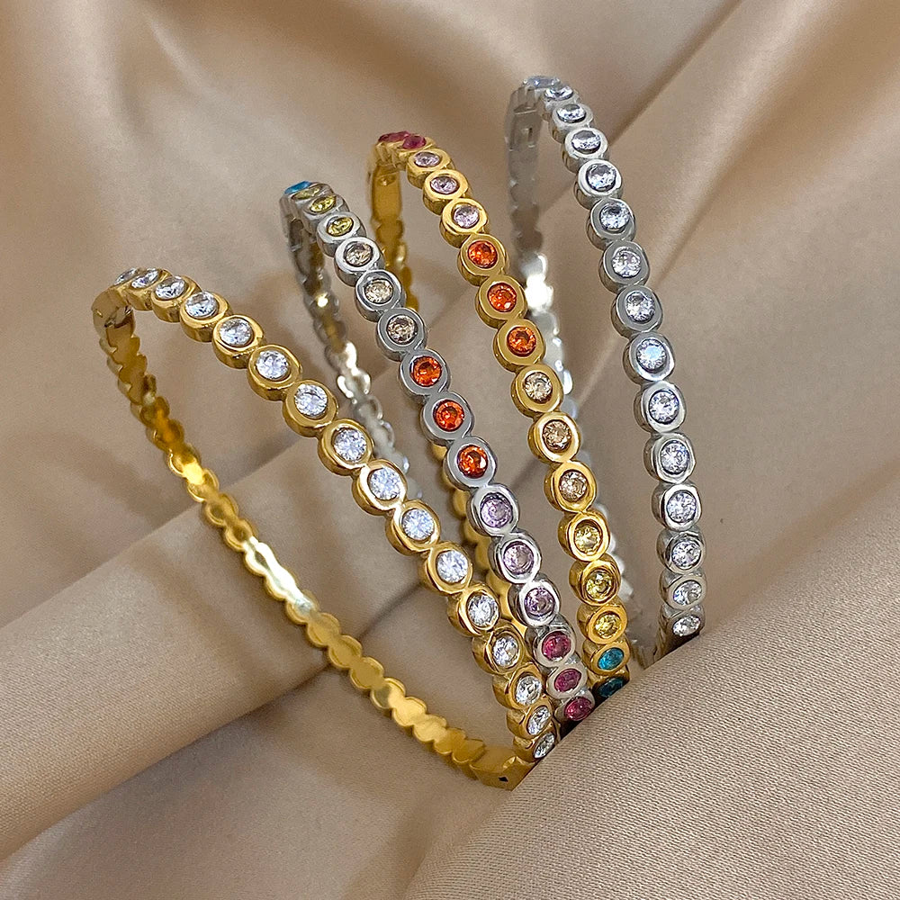 Colorful Rhinestone Beads Stainless Steel Bracelets for Women Fashion Gold Silver Color Stacked Cuff Bangle Waterproof Jewelry