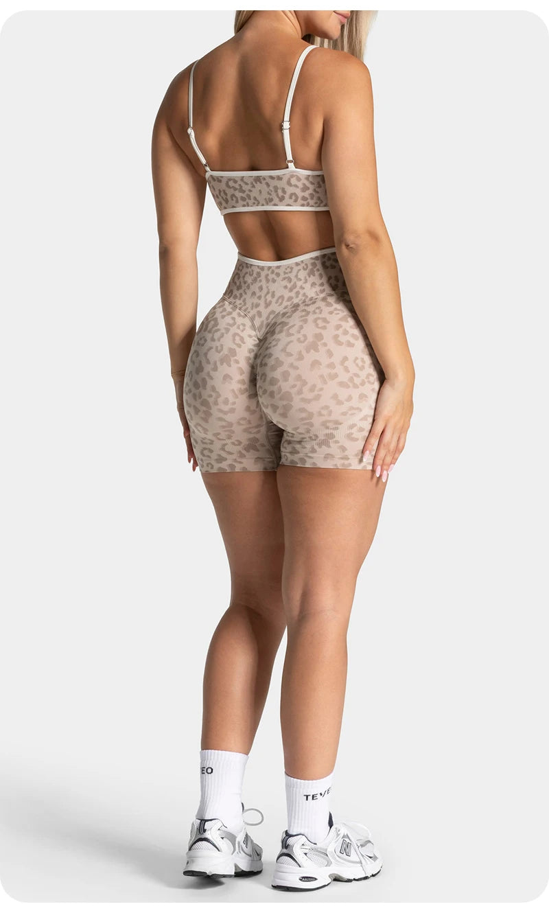 Women Leopard Print 2 Piece Yoga Set High Waist Butt Lift Biker Shorts Adjustable Strap Sports Bra Gym Workout Activewear