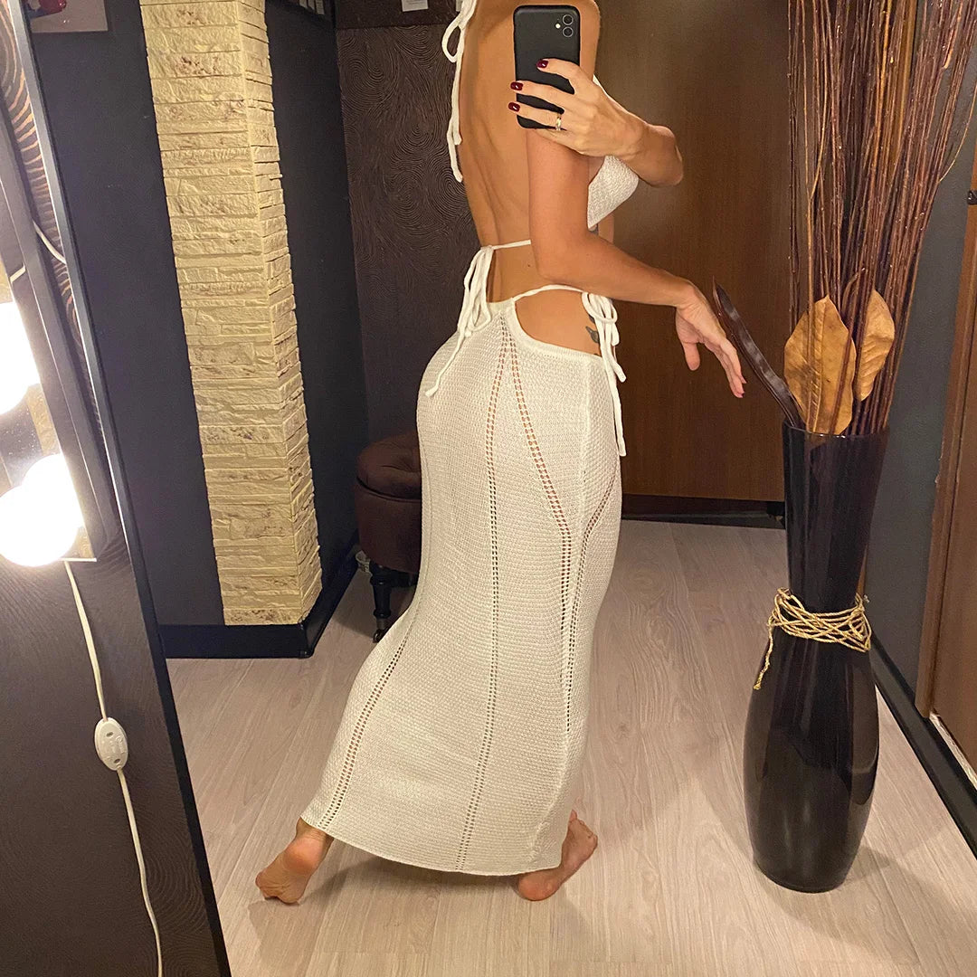 Sexy Fashion Crochet Knitted Halter Crop Tops Maxi Skirt Two Pieces Set Party Club Beach Dress Elegant Lady Outfits