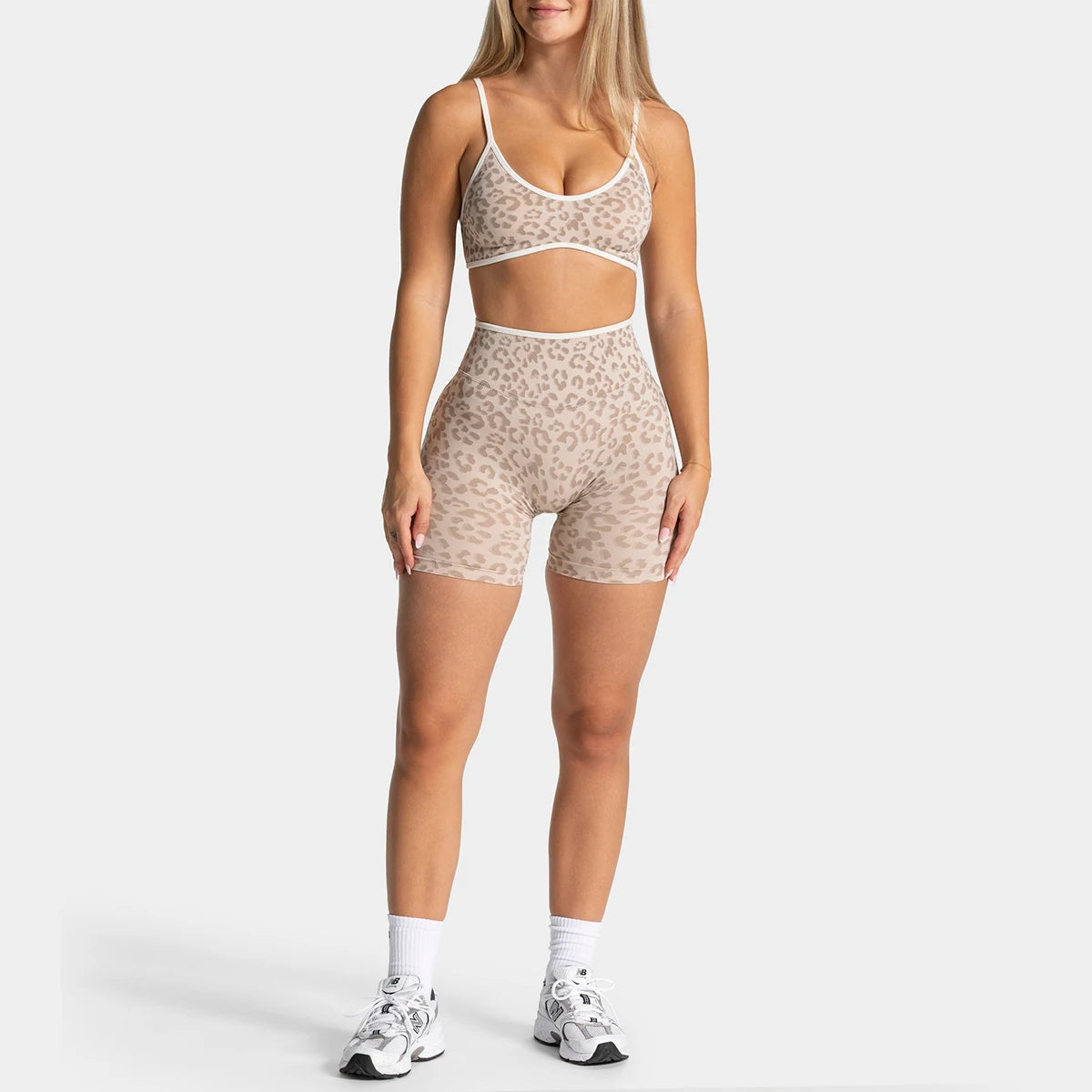 Women Leopard Print 2 Piece Yoga Set High Waist Butt Lift Biker Shorts Adjustable Strap Sports Bra Gym Workout Activewear