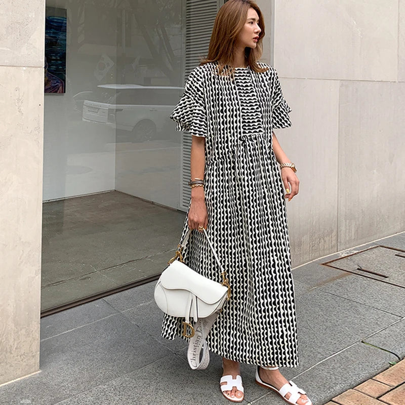 Johnature 2025 New Print Ruffles Sleeve Women Dresses Summer Korean Loose O-neck Simple Female Dress