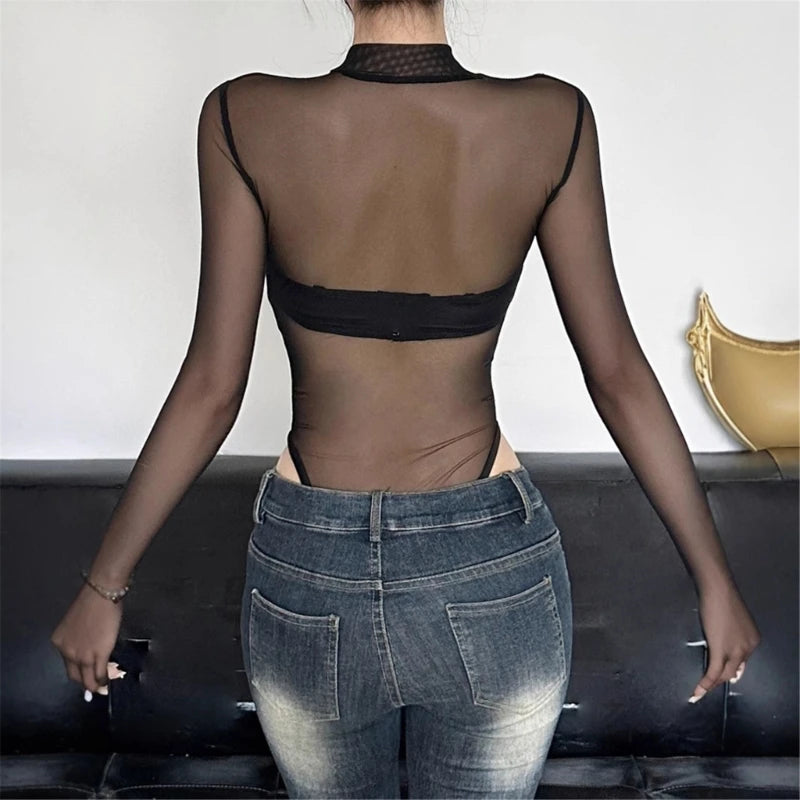 Womens Mesh Long Sleeve Bodysuit Round Neck Sheer Leotards Clothing Snake Bodysuit Top with Crotch Clubwear Gifts