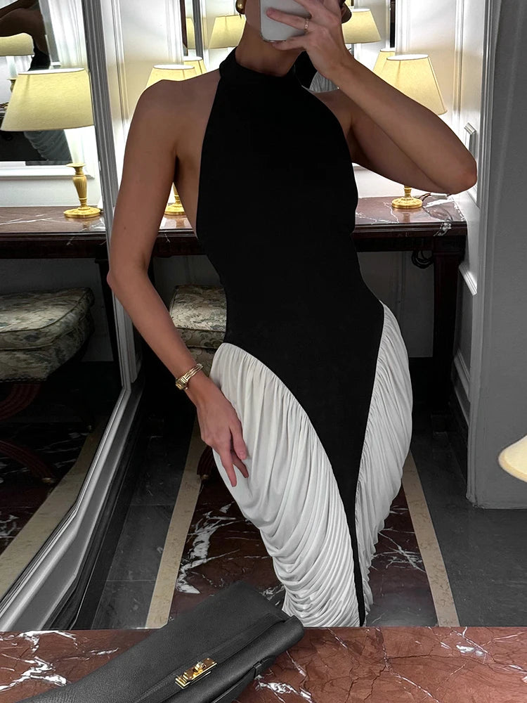 Weird Puss Contrast Patchwork Dress Women Sexy Backless Halter Pleated Y2K Sleeveless Slim Elegant Midnight Club Party Bodycon