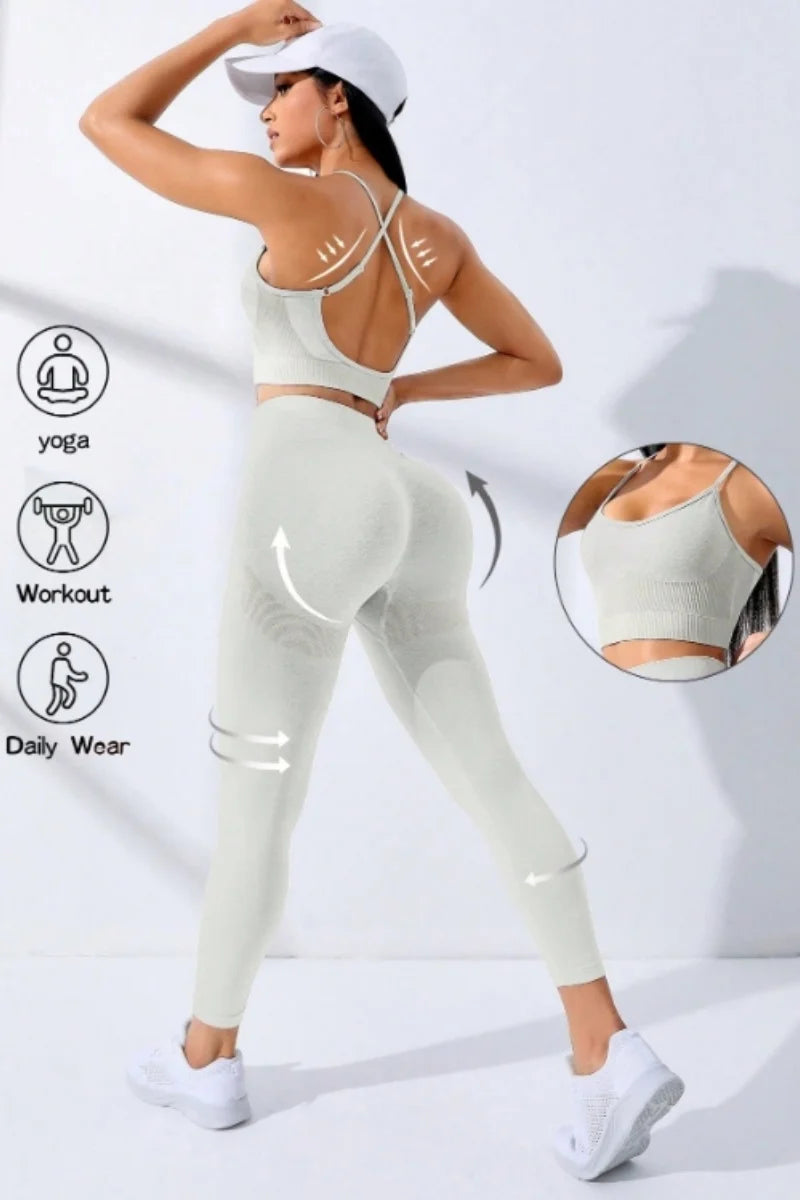 Women Yoga Set 2/Pcs Seamless Workout Outfits Yoga Sportswear Tracksuit Leggings And Thin Shoulder Strap Stretch Sports Bra Fitn